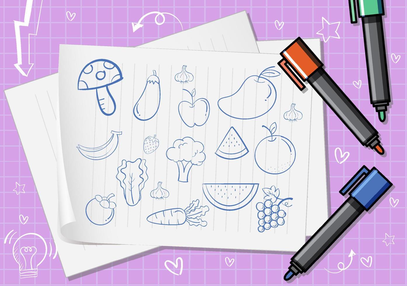 Hand drawn doodle icons on paper vector