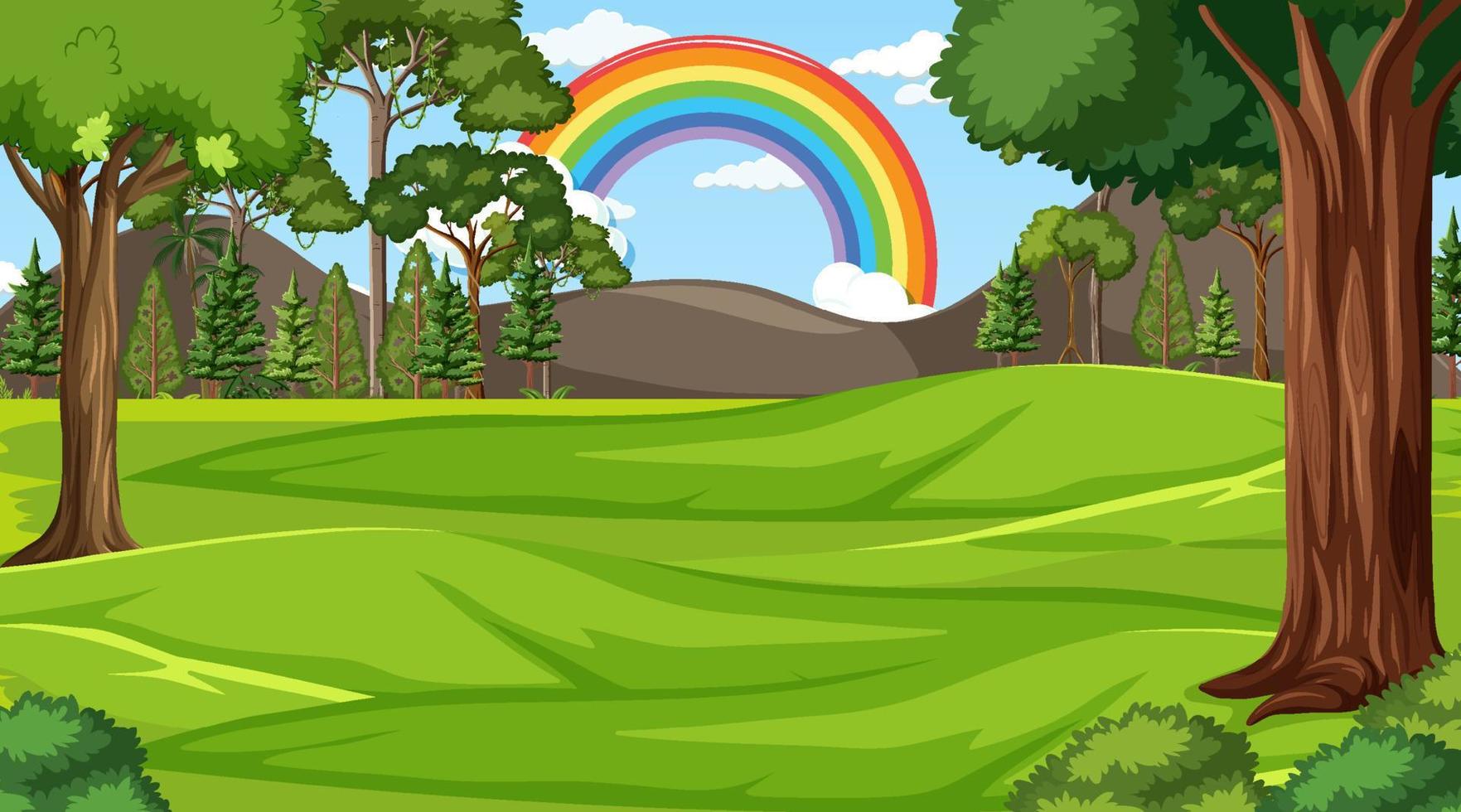 escena del bosque natural con arco iris en el cielo vector