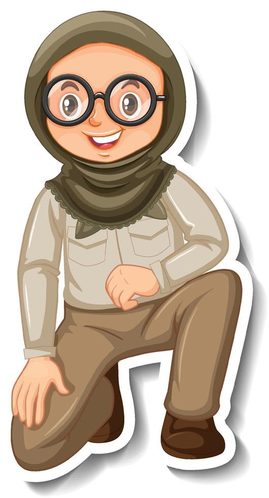 Muslim girl in safari outfit cartoon character sticker vector