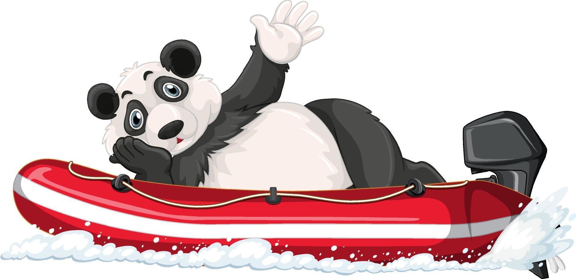 Panda on motor inflatable boat in cartoon style vector