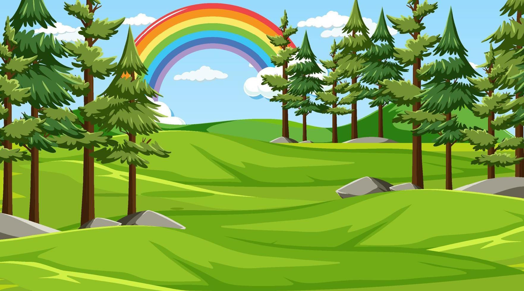 escena del bosque natural con arco iris en el cielo vector