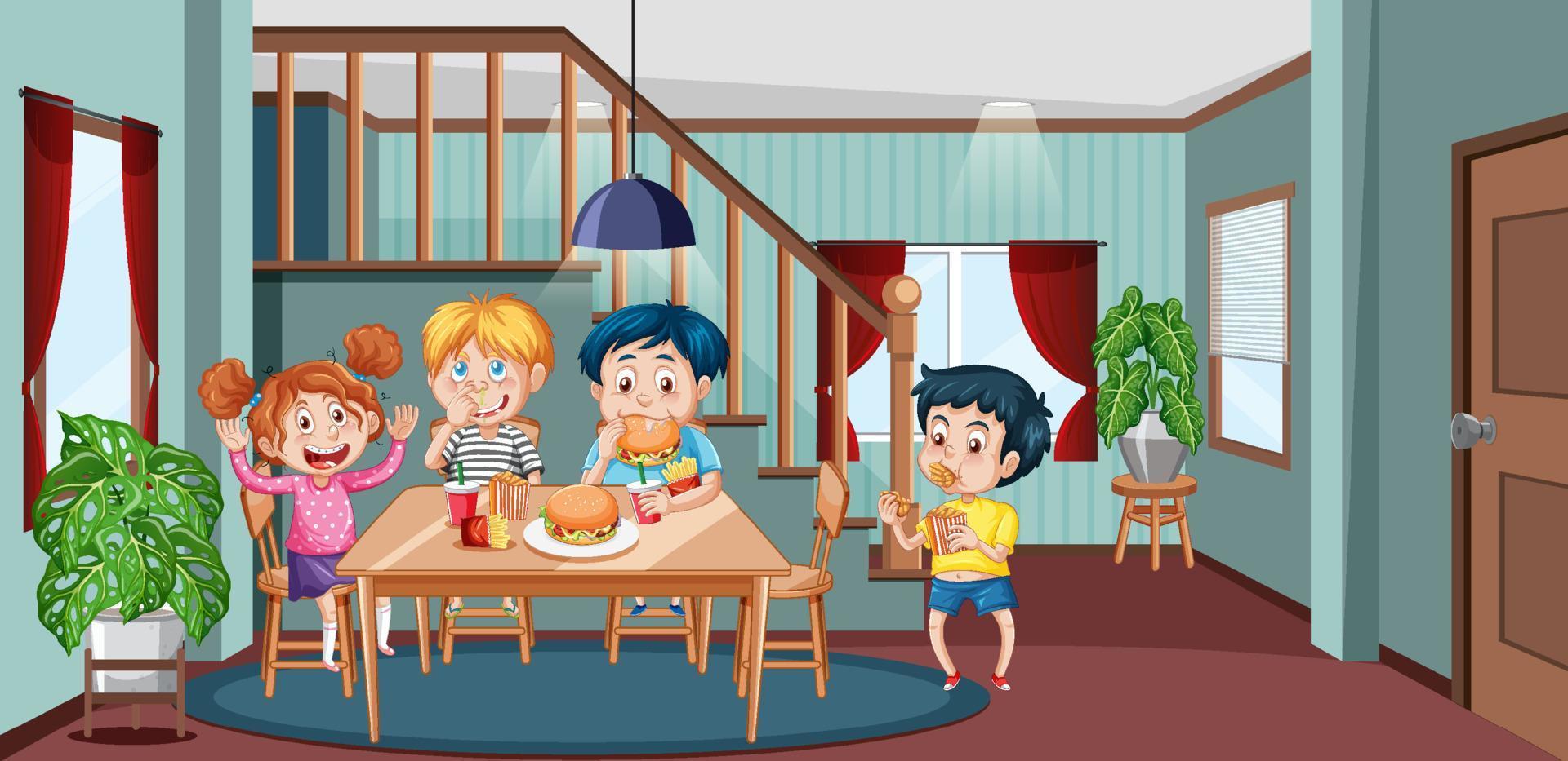 Children having meal together in room scene vector