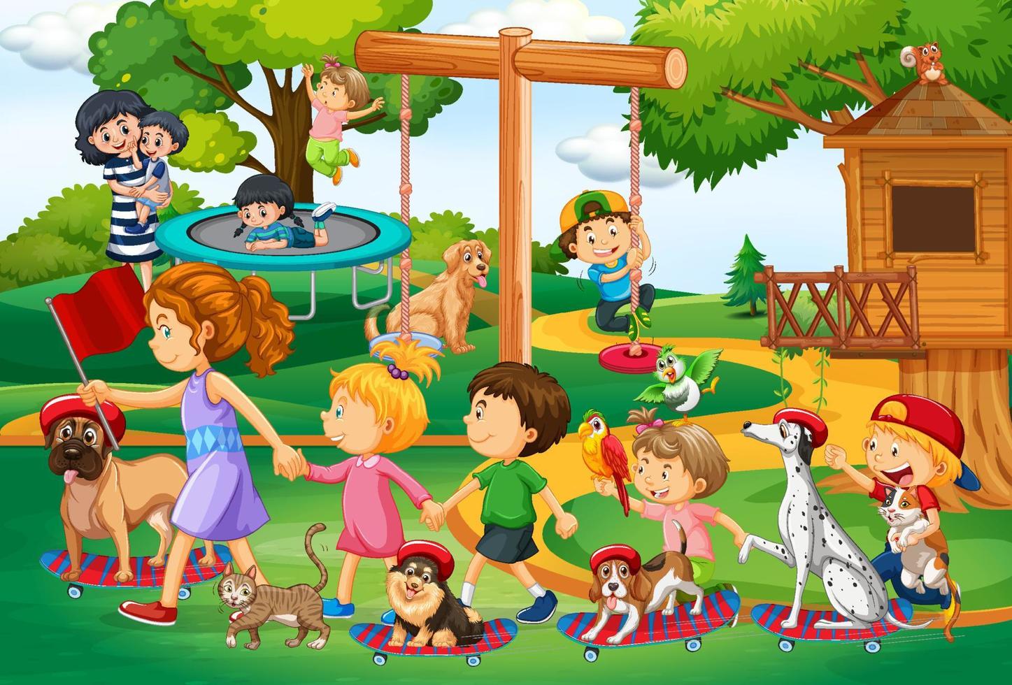 Escena del patio de recreo con niños jugando con sus animales. vector