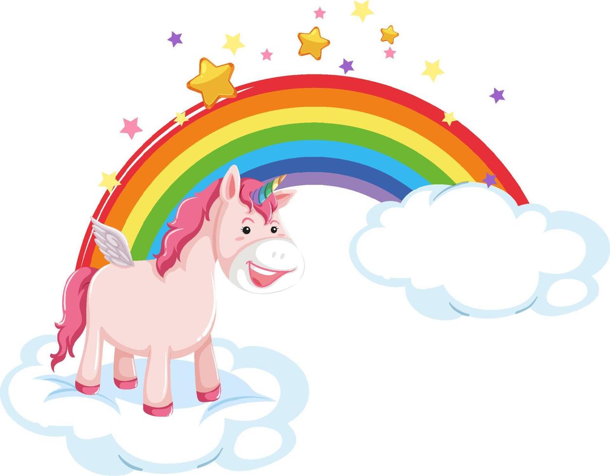 Pink unicorn lying on cloud with rainbow in cartoon style vector