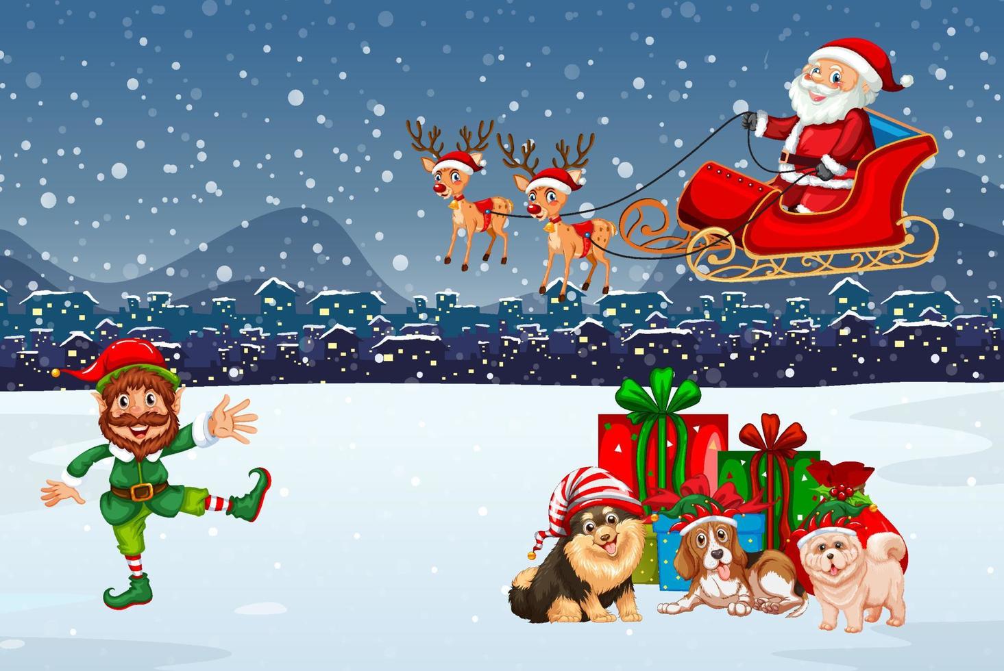 Snowy night scene with Christmas cartoon characters vector