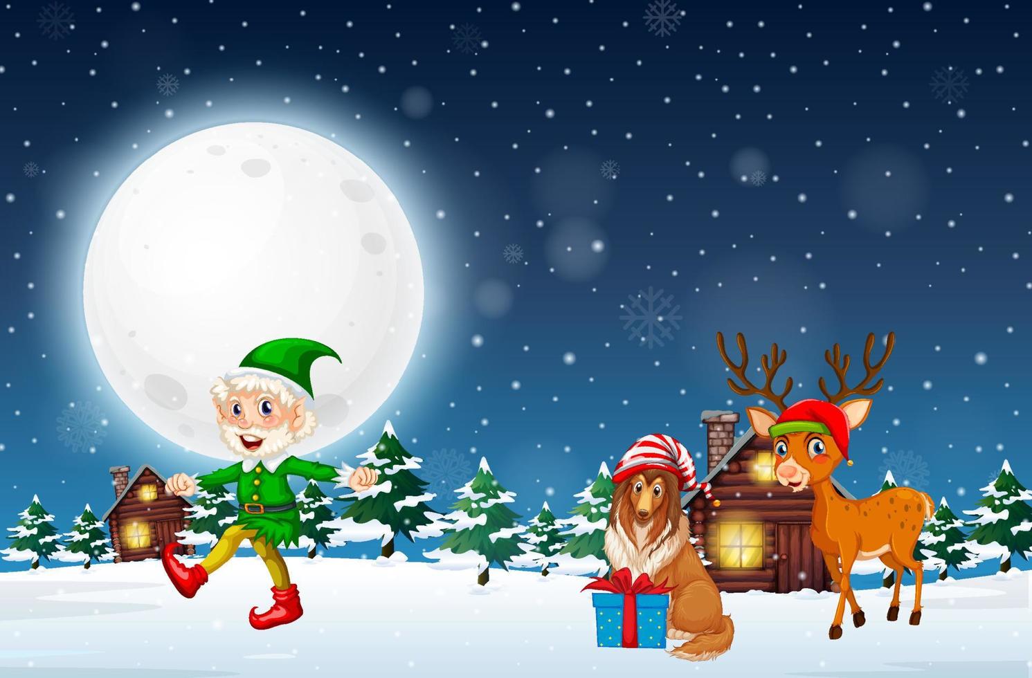 Snowy winter night with Christmas elf and dogs vector