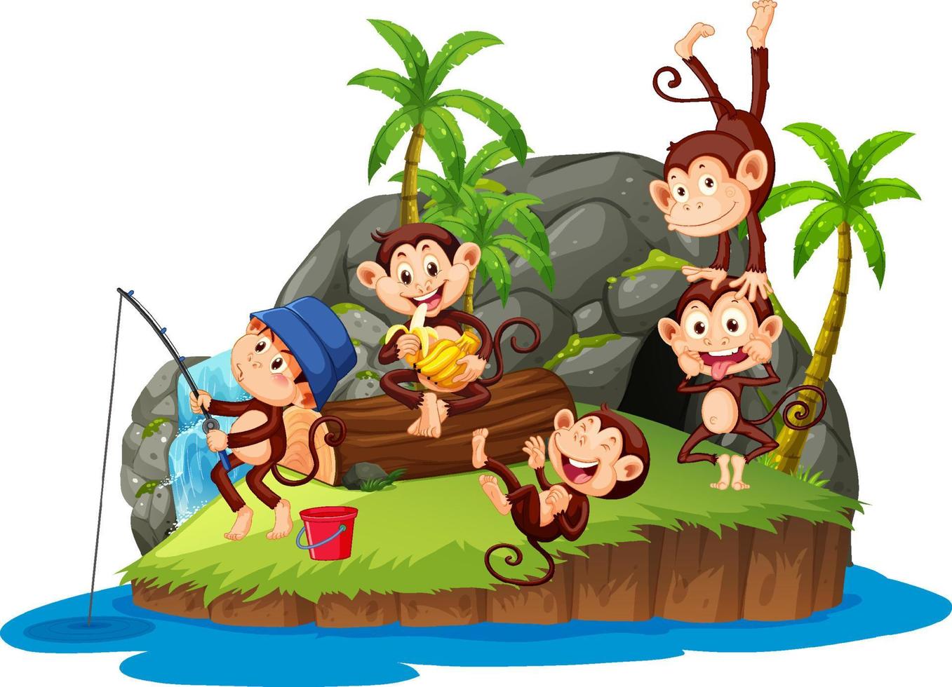 Isolated island with many monkeys cartoon vector