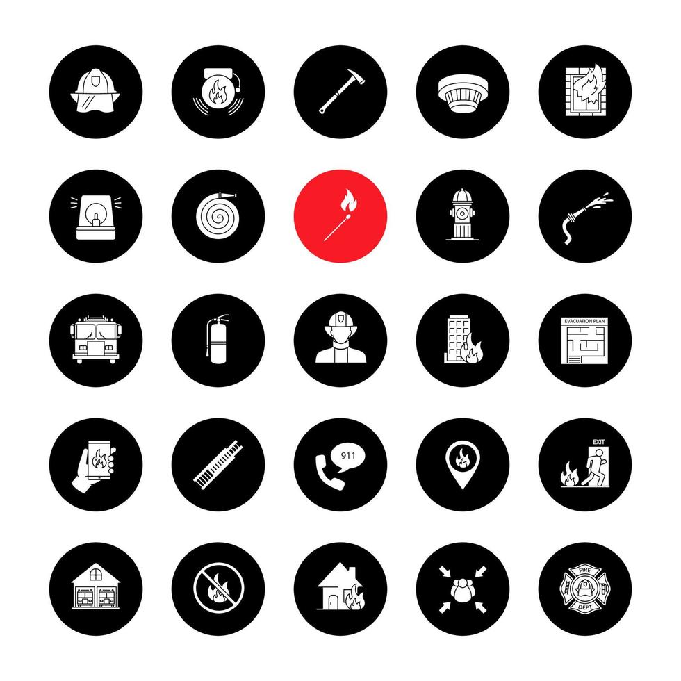 Firefighting glyph icons set. Fire station equipment. Vector white silhouettes illustrations in black circles