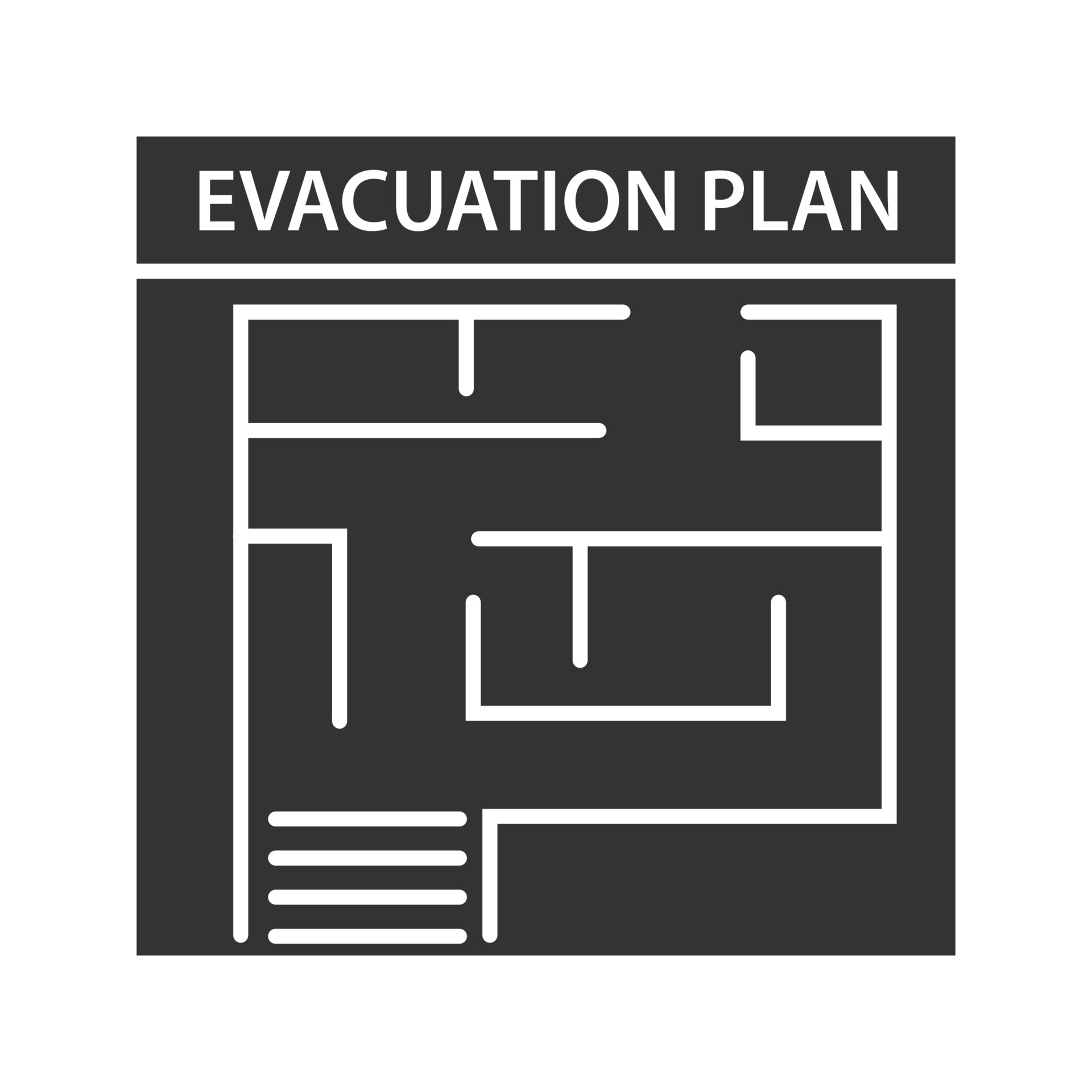 Evacuation plan glyph icon Fire escape plan Silhouette symbol Evacuation plan glyph icon Fire escape plan Silhouette symbol
