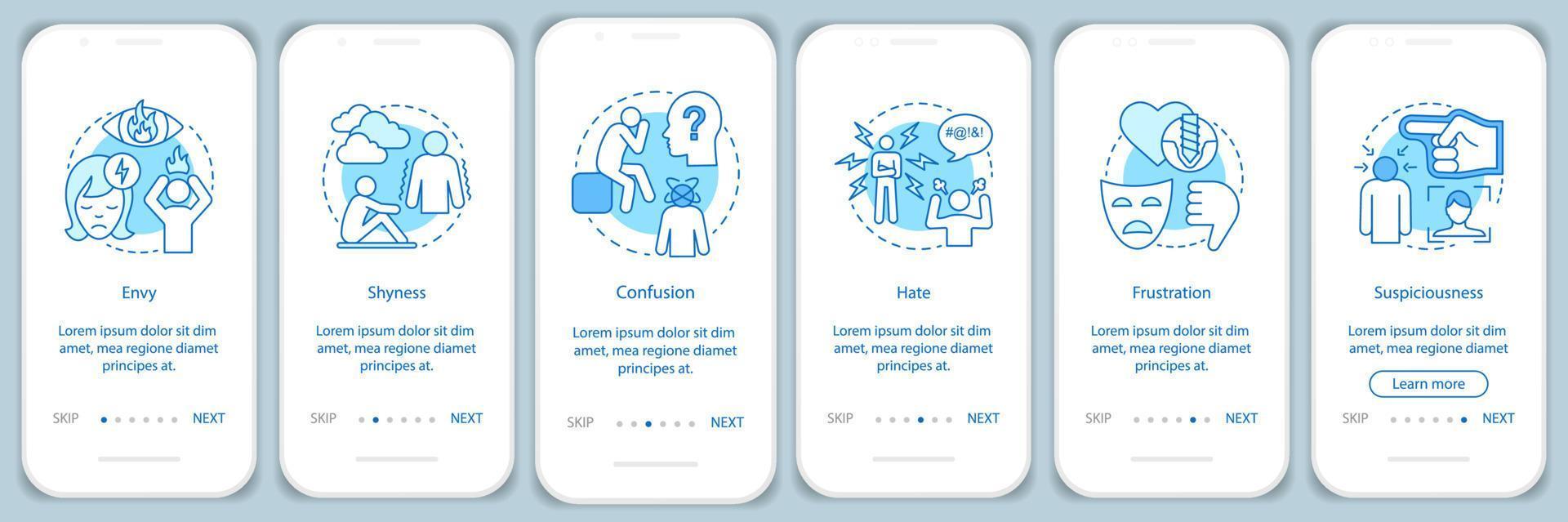 Hard feelings onboarding mobile app page screen vector template. Envy, shyness, confusion, hate, frustration. Walkthrough website steps with linear illustrations. UX, UI smartphone interface concept