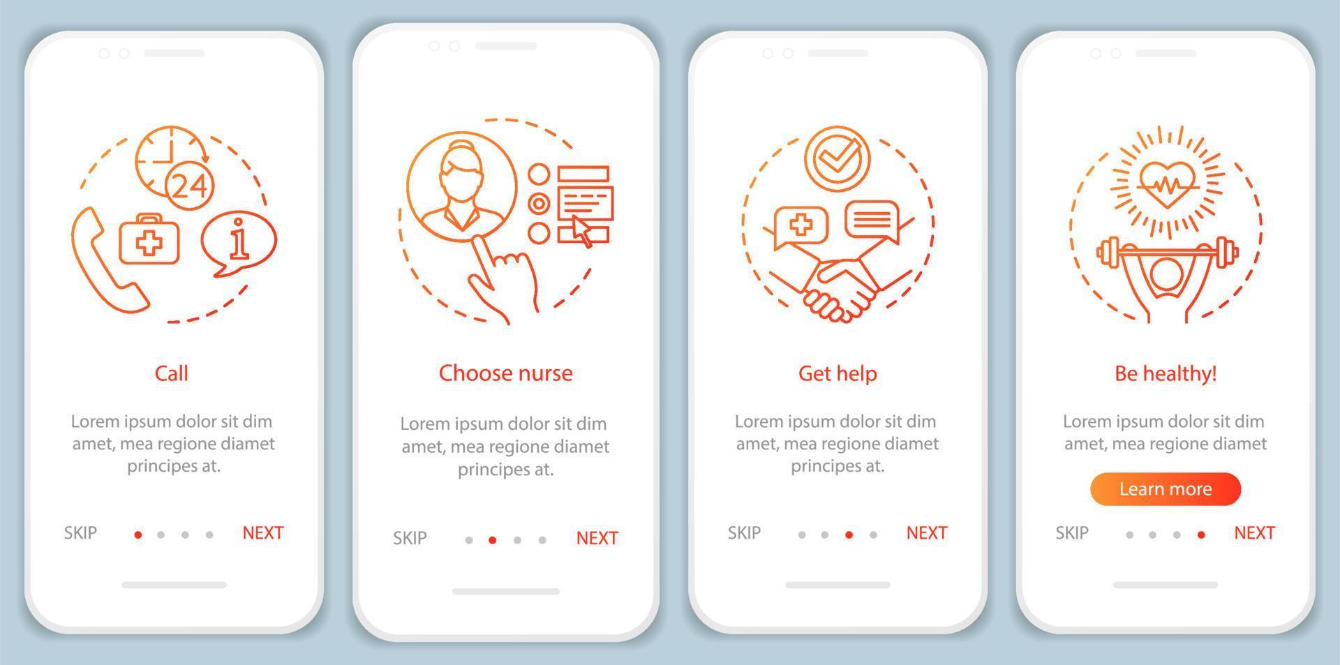 plantilla de vector de página de aplicación móvil de incorporación de asistencia viva. Pasos del sitio web del tutorial del servicio de atención domiciliaria. elegir cuidador práctico, cuidador, enfermera. apoyo en el hogar. ux, ui, interfaz de teléfono inteligente gui