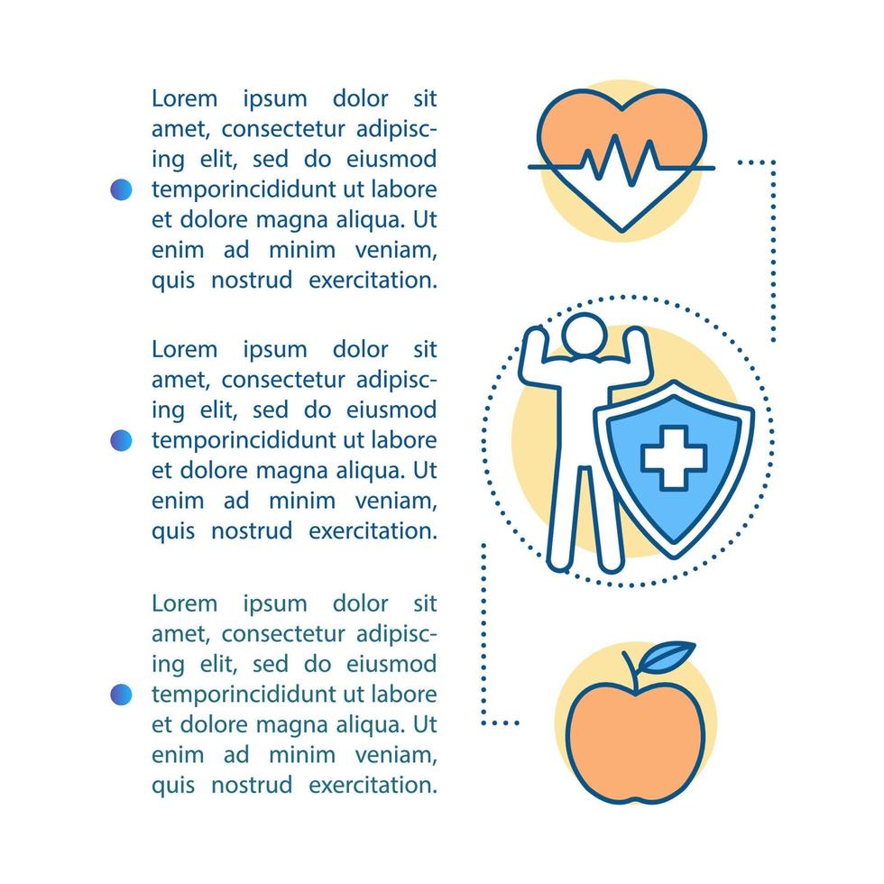 Healthy nutrition article page vector template. Food safety. Healthy dieting, eating. Brochure, magazine, booklet design with icons, text boxes. Print design. Concept illustrations with text space