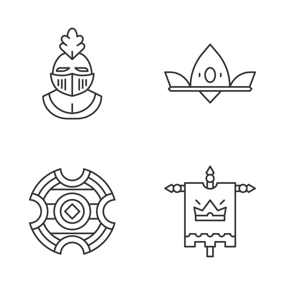 Meddieval linear icons set. Helmet, royal crown, battle shield, king flag. Thin line contour symbols. Isolated vector outline illustrations. Editable stroke..