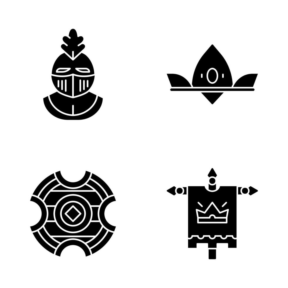 Medieval glyph icons set. Knight helmet, royal crown, battle shield, king flag. Silhouette symbols. Vector isolated illustration