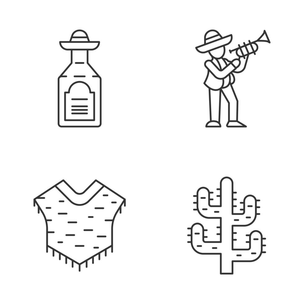Mexican culture linear icons set. Drink, music, clothes, plant. Tequila, musician, poncho, saguaro cactus. Thin line contour symbols. Isolated vector outline illustrations. Editable stroke
