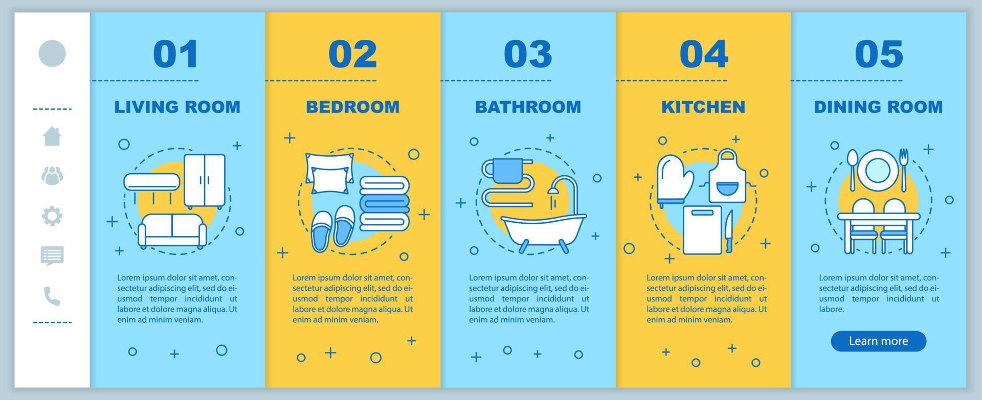 plantilla de vector de páginas web móviles de incorporación de vida doméstica. idea de interfaz de teléfono inteligente sensible con ilustraciones lineales. pantallas de paso del tutorial de la página web de las habitaciones de la casa o apartamento. concepto de color