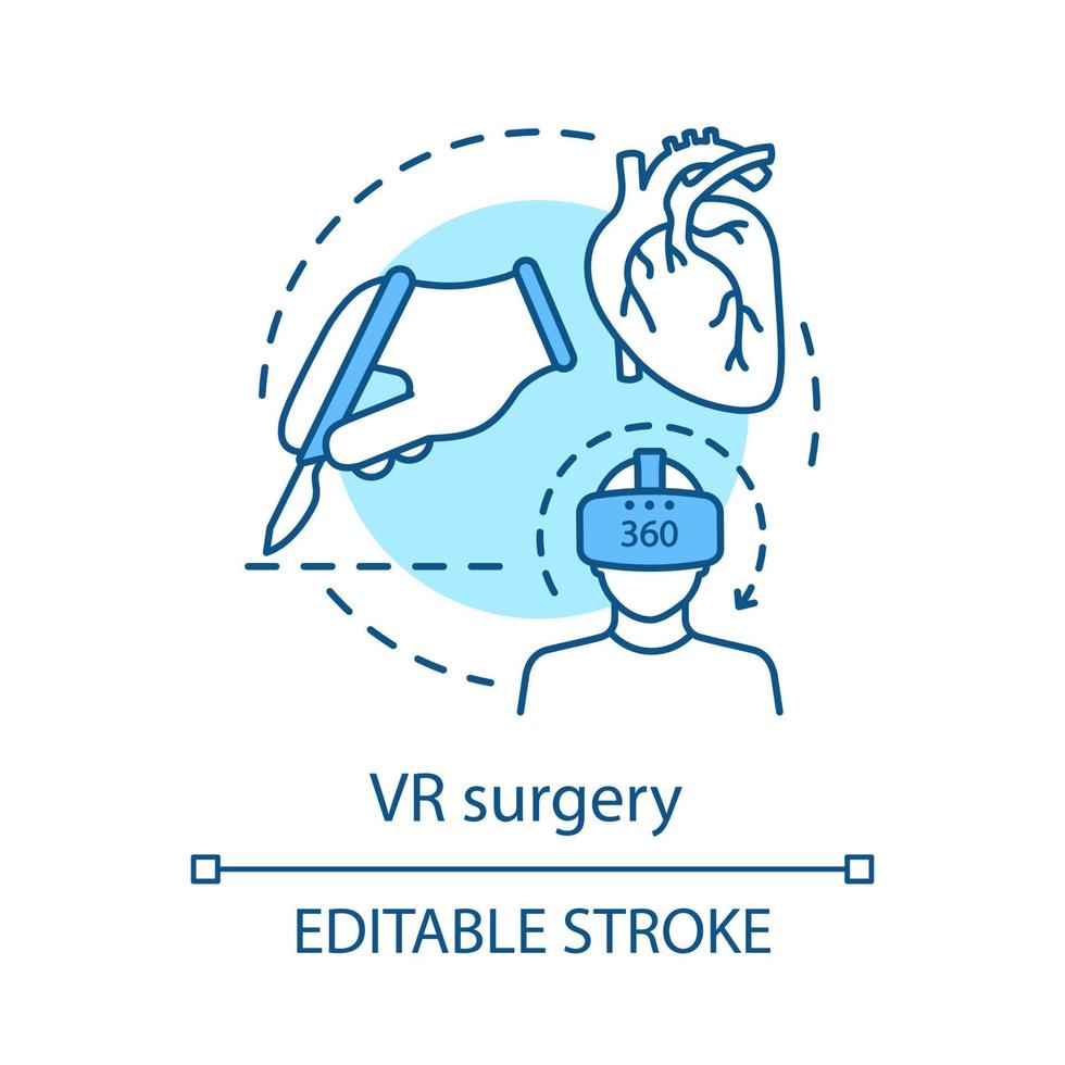 VR surgery concept icon. Virtual reality in medicine. Cardiac surgery. Medical training. Virtual reality application idea thin line illustration. Vector isolated outline drawing. Editable stroke..