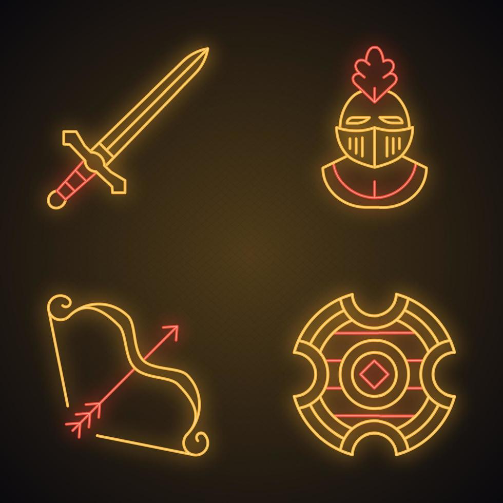 Medieval neon light icons set. Metal sword, knights helmet, battle shield, bow and arrow. Glowing signs. Vector isolated illustrations