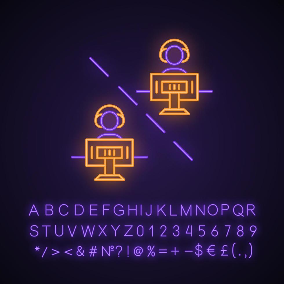 Multiplayer video game neon light icon. Esports competition. Networking technology. Video game tournament. Teamwork. Glowing sign with alphabet, numbers and symbols. Vector isolated illustration