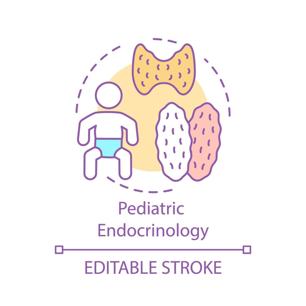 icono del concepto de endocrinología pediátrica. Problemas suprarrenales, tiroideos y pituitarios. enfermedad de las glándulas endocrinas. idea de regulación hormonal infantil icono de línea delgada. dibujo de contorno aislado vectorial. trazo editable vector