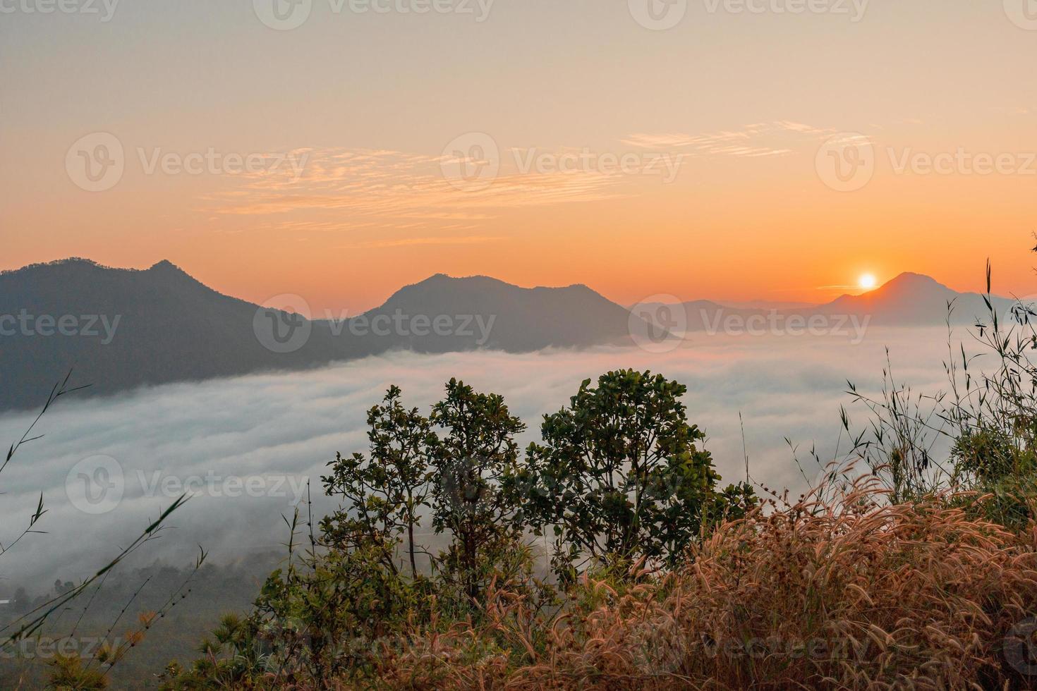 la niebla marina y el amanecer dorado cubren el área en la cima de la colina doi phu thok, chiang khan, loei, tailandia con el fondo del amanecer en invierno. foto