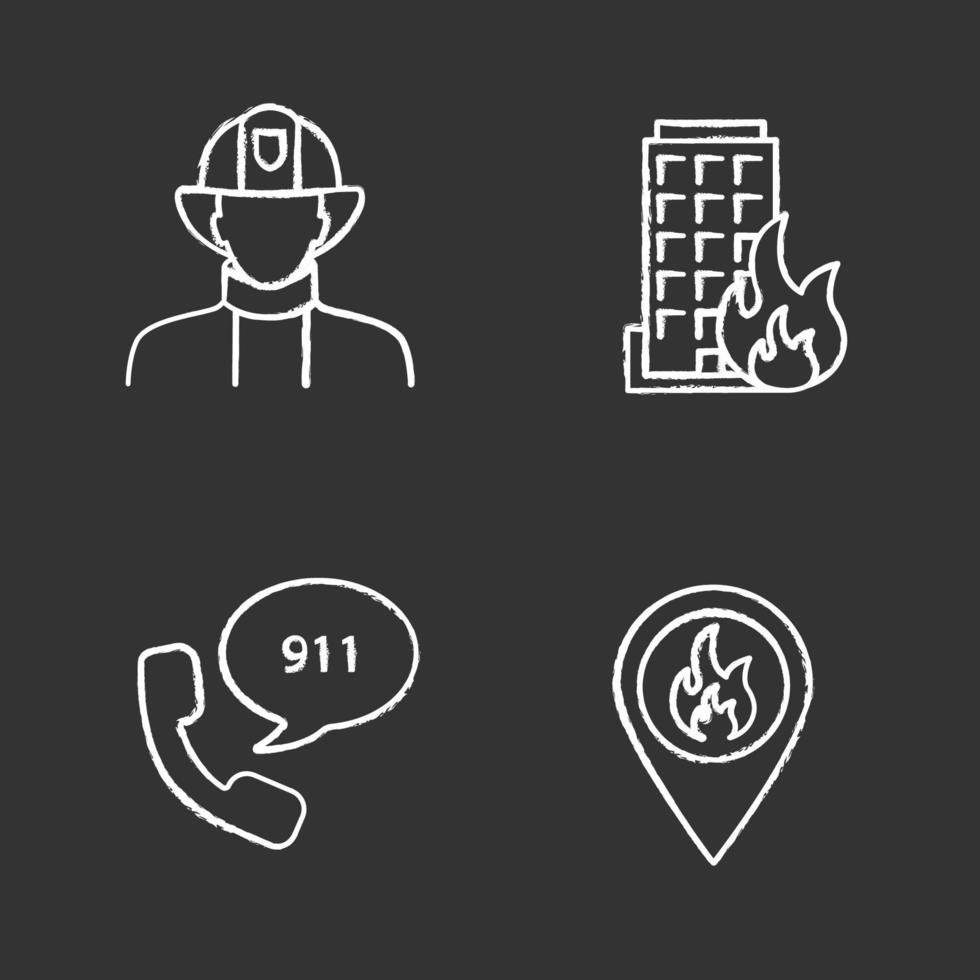 Firefighting chalk icons set. Firefighter, fire location, burning house, emergency call. Isolated vector chalkboard illustrations