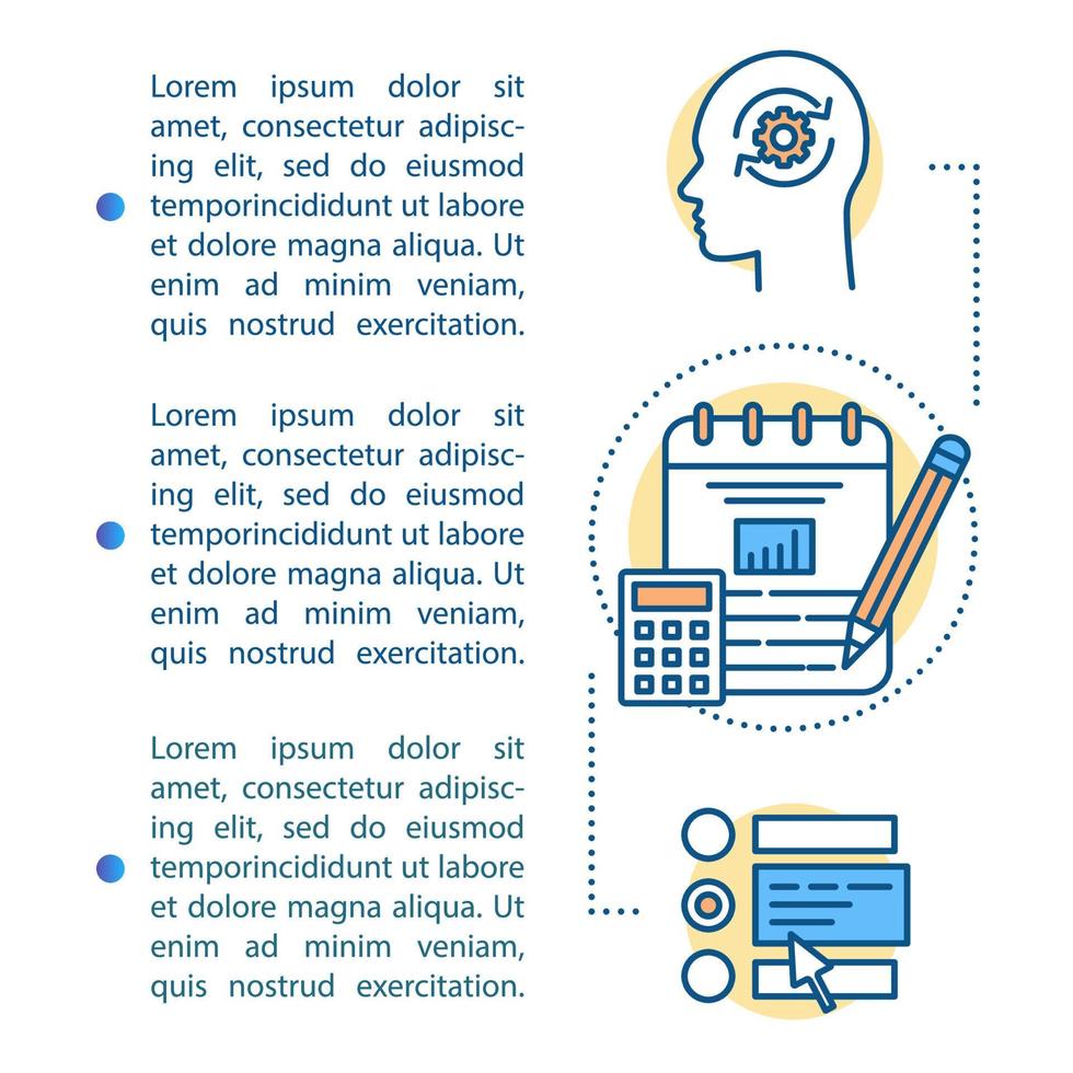 plantilla de vector de página de artículo de control de emociones. pensamiento, plan de acción, logro de metas, sentimiento. elemento de diseño de folleto con iconos lineales y cuadros de texto. ilustraciones conceptuales con espacio de texto