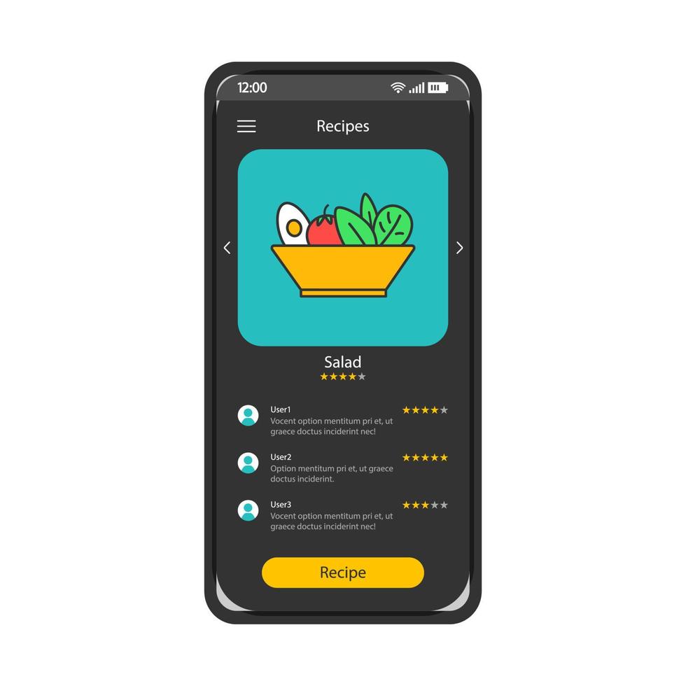 Food recipes smartphone interface vector template. Mobile app page black design layout. Salad cooking instructions, ingredients screen. Flat UI for application. Users feedback, rating phone display