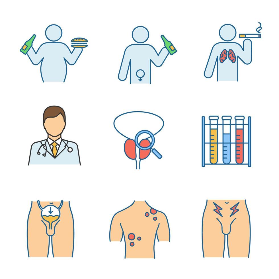 Men's health color icons set. Obesity, alcoholism, urologist, prostate exam, lab analysis, urinary incontinence, skin and prostate cancer. Isolated vector illustrations