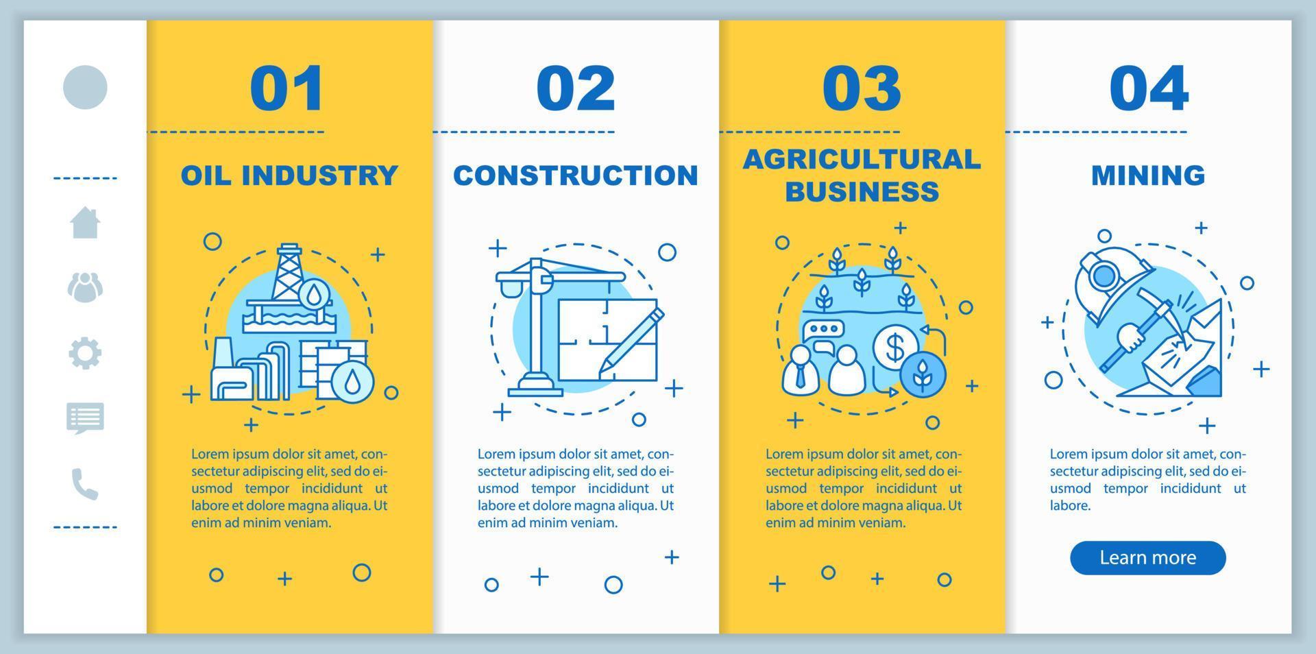 Industrias que incorporan la plantilla de vector de pantalla de página de aplicación móvil. negocio de fabricación Industria petrolera, pasos del sitio web de recorrido minero con ilustraciones lineales. ux, ui, concepto de interfaz de teléfono inteligente gui