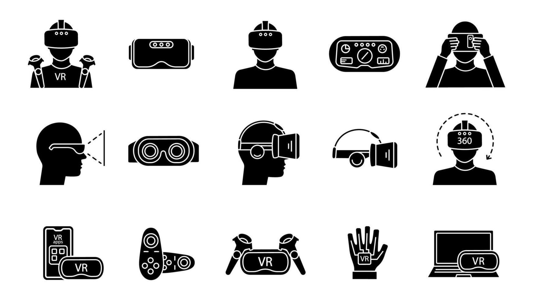 Virtual reality glyph icons set. Silhouette symbols. VR games, apps, headset, controllers, players. Virtual reality devices. Vector isolated illustration
