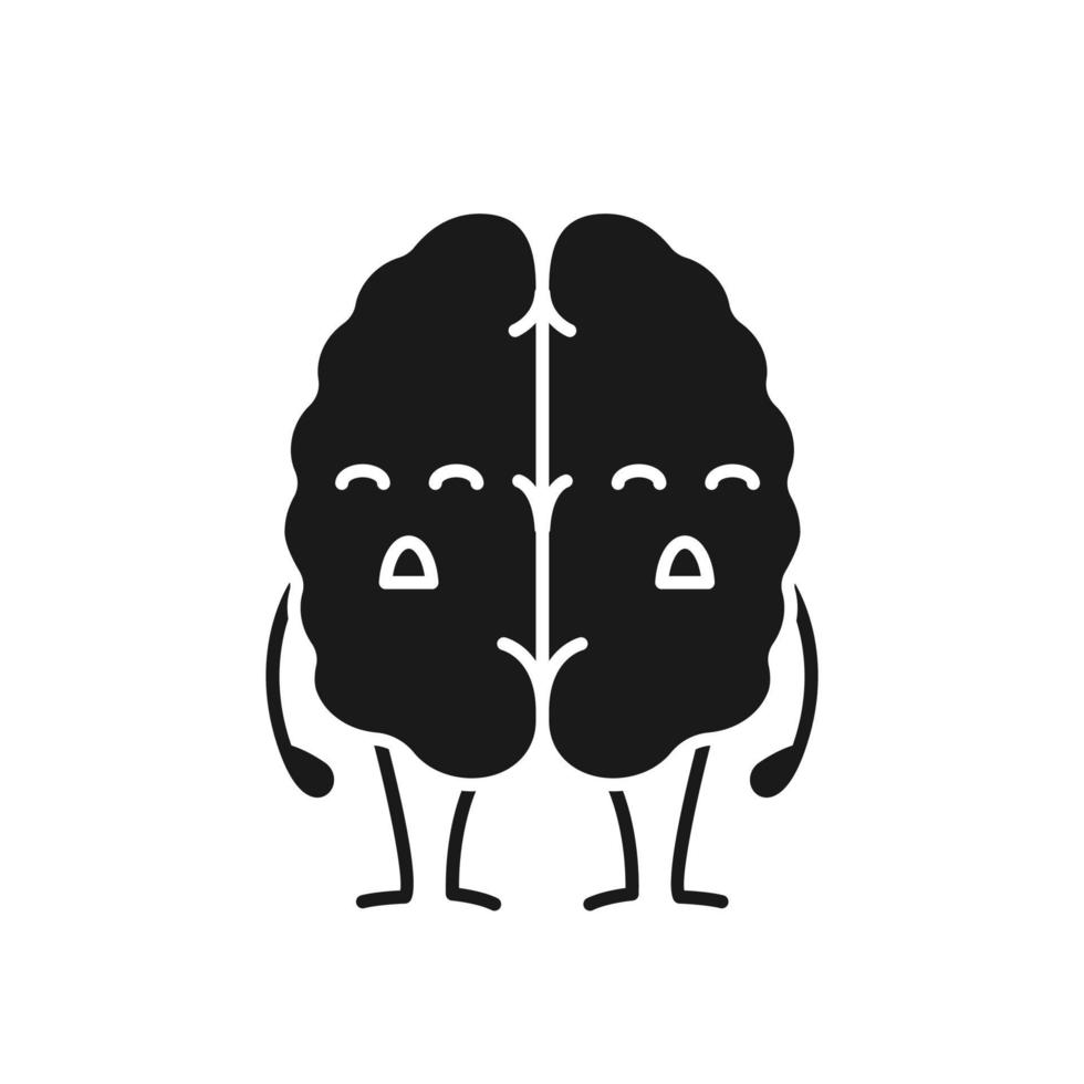 Sad human brain emoji glyph icon. Silhouette symbol. Dementia, stroke. Unhealthy nervous system organ character. Negative space. Vector isolated illustration