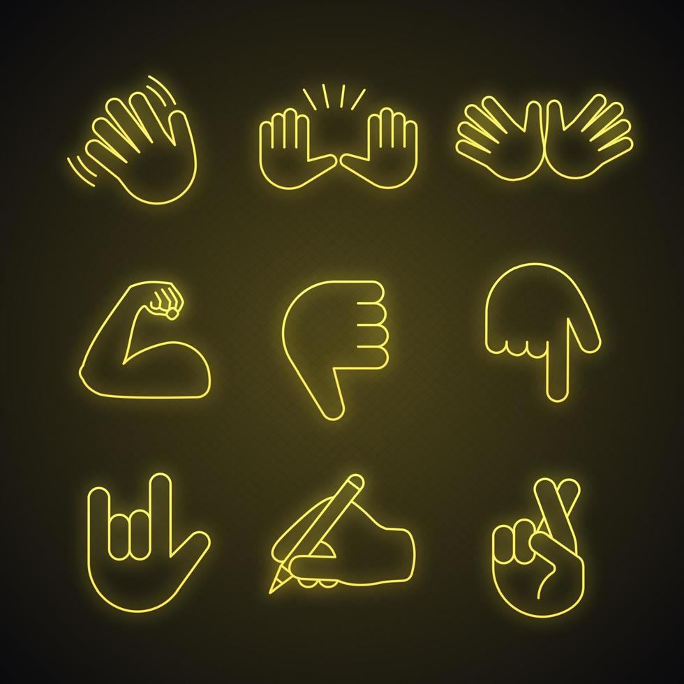 Conjunto de iconos de luz de neón de emojis de gesto de mano. ondear, detener, jazz, pulgares hacia abajo, te amo, suerte, gestos de mentira, bíceps flexionado, mano de escritura. signos brillantes. Ilustraciones de vectores aislados