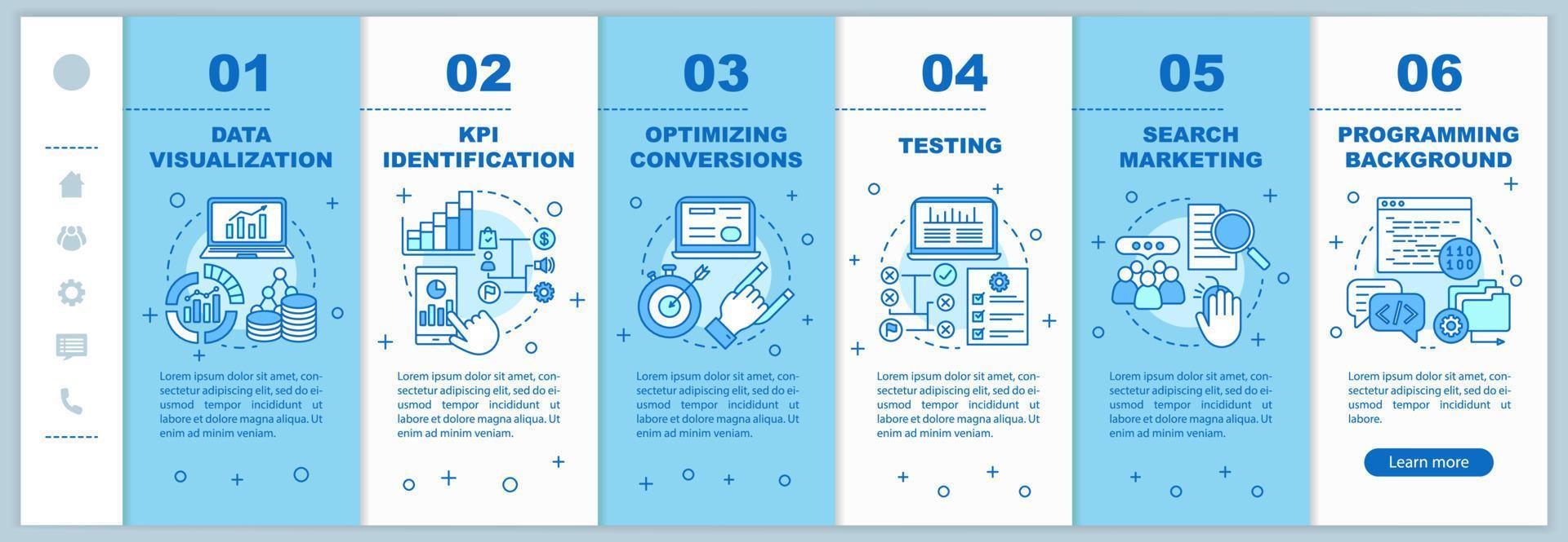 cursos de métricas de negocios que incorporan plantillas vectoriales de páginas web móviles. estadísticas de marketing y publicidad. idea de interfaz de sitio web de teléfono inteligente sensible. pantalla paso a paso del tutorial de la página web. concepto de color vector