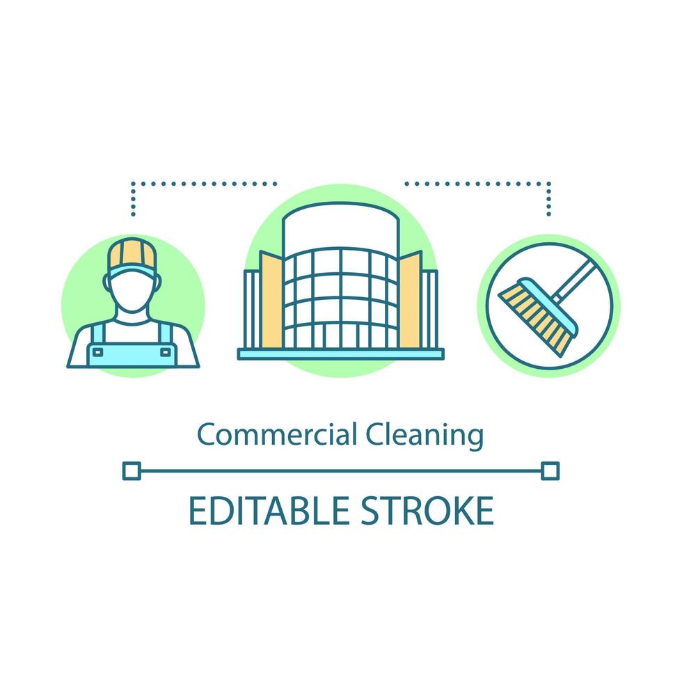 Commercial cleaning concept icon. Cleaning services idea thin line illustration. Janitorial service. Office cleanup. Dirt removal. Yard cleaning. Vector isolated outline drawing. Editable stroke