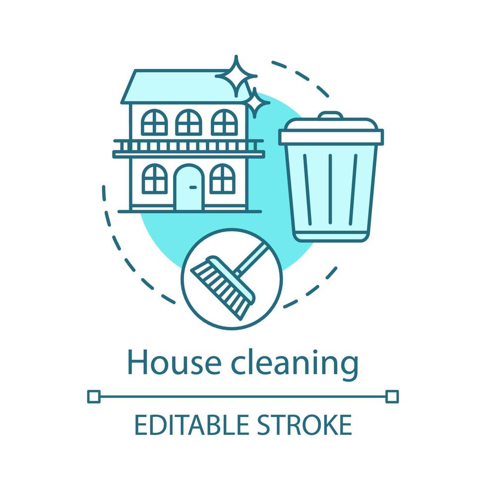House cleaning concept icon. House service idea thin line illustration. Sweeping, mopping. Trash taking out. Cleanup flooring, household dirt removal. Vector isolated outline drawing. Editable stroke