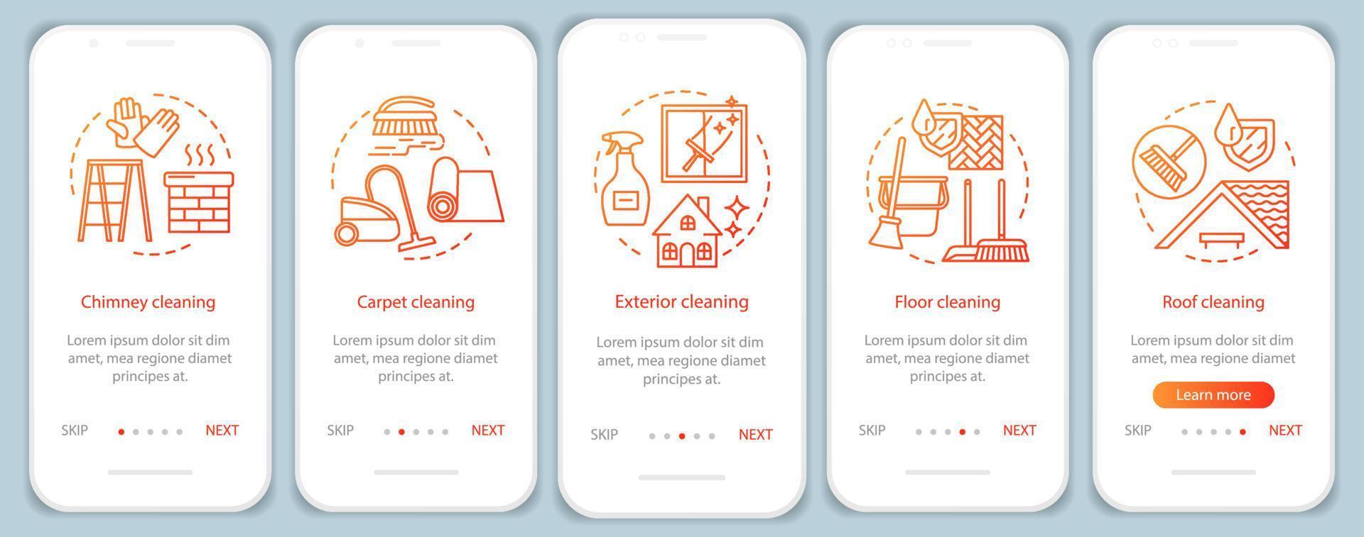 Additional cleaning services onboarding mobile app page screen, linear concepts. Chimney, exterior cleanup. Five, walkthrough steps graphic instructions. UX, UI, GUI vector template with illustrations
