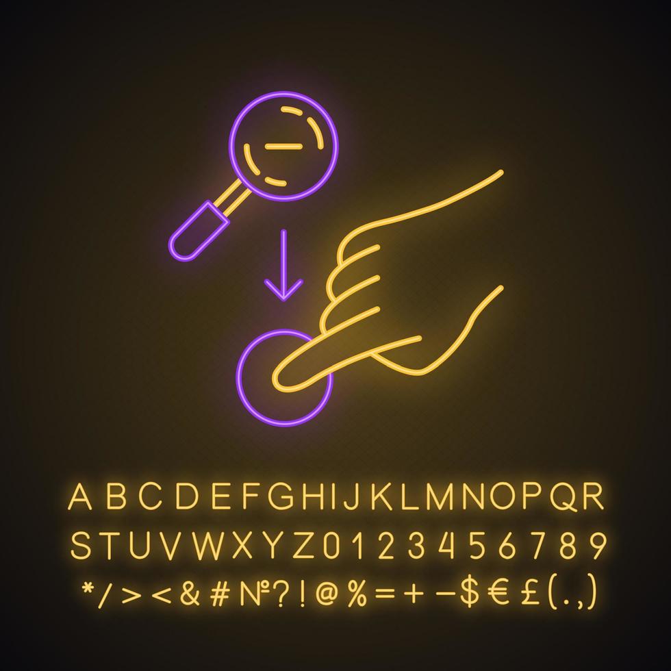 Zoom out vertical gesturing neon light icon. Touchscreen gesture. Tap, point, click. Using sensory devices. Glowing sign with alphabet, numbers and symbols. Vector isolated illustration