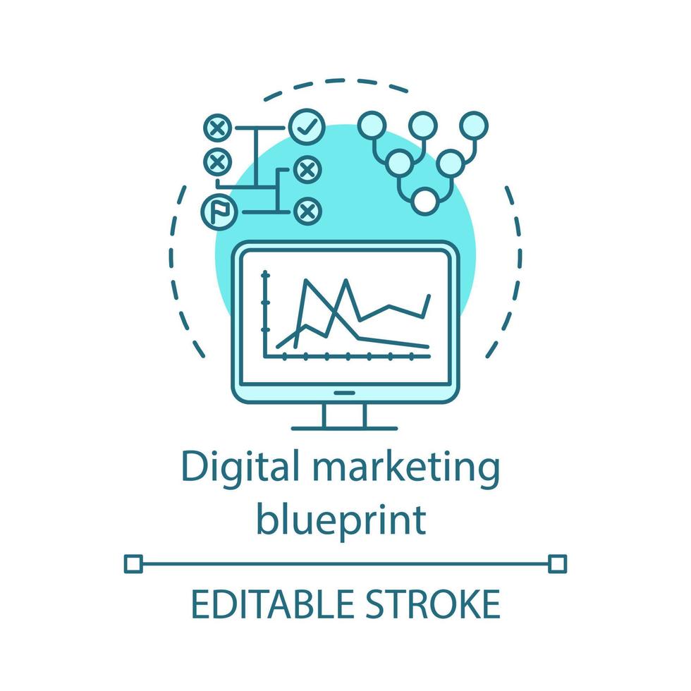 Digital marketing blueprint concept icon. SEO strategy idea thin line illustration. Content management. Marketing analytics. Monitoring, ranking. Vector isolated outline drawing. Editable stroke
