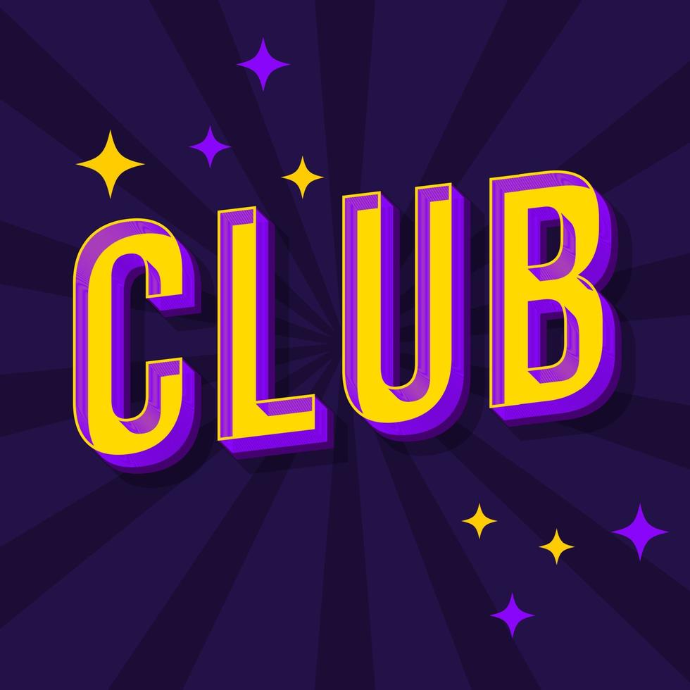 Club vintage 3d vector lettering. Retro bold font, typeface. Pop art stylized text. Old school style letters. 90s, 80s poster, banner typography design. Dark blue halftone comics rays color background