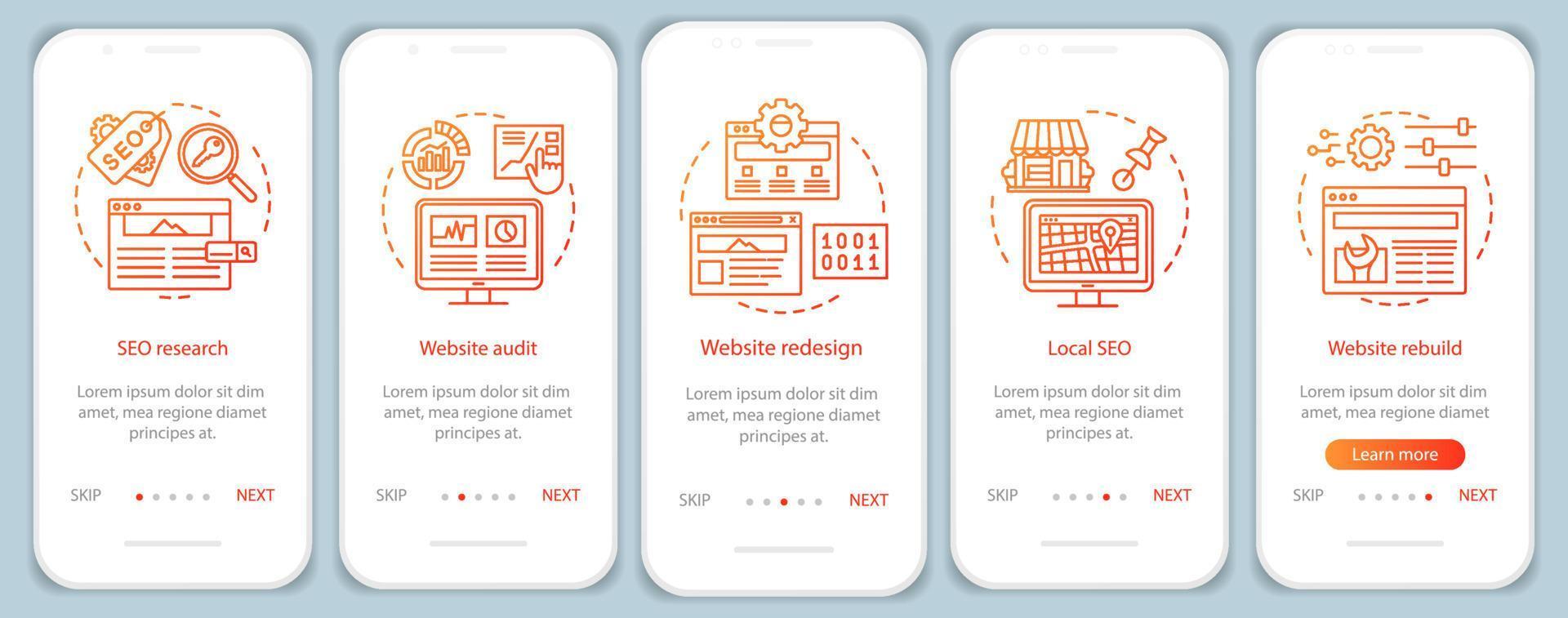 Web consulting onboarding mobile app page screen vector template. SEO research. Website redesign, audit. Walkthrough website steps with linear illustrations. UX, UI, GUI smartphone interface concept