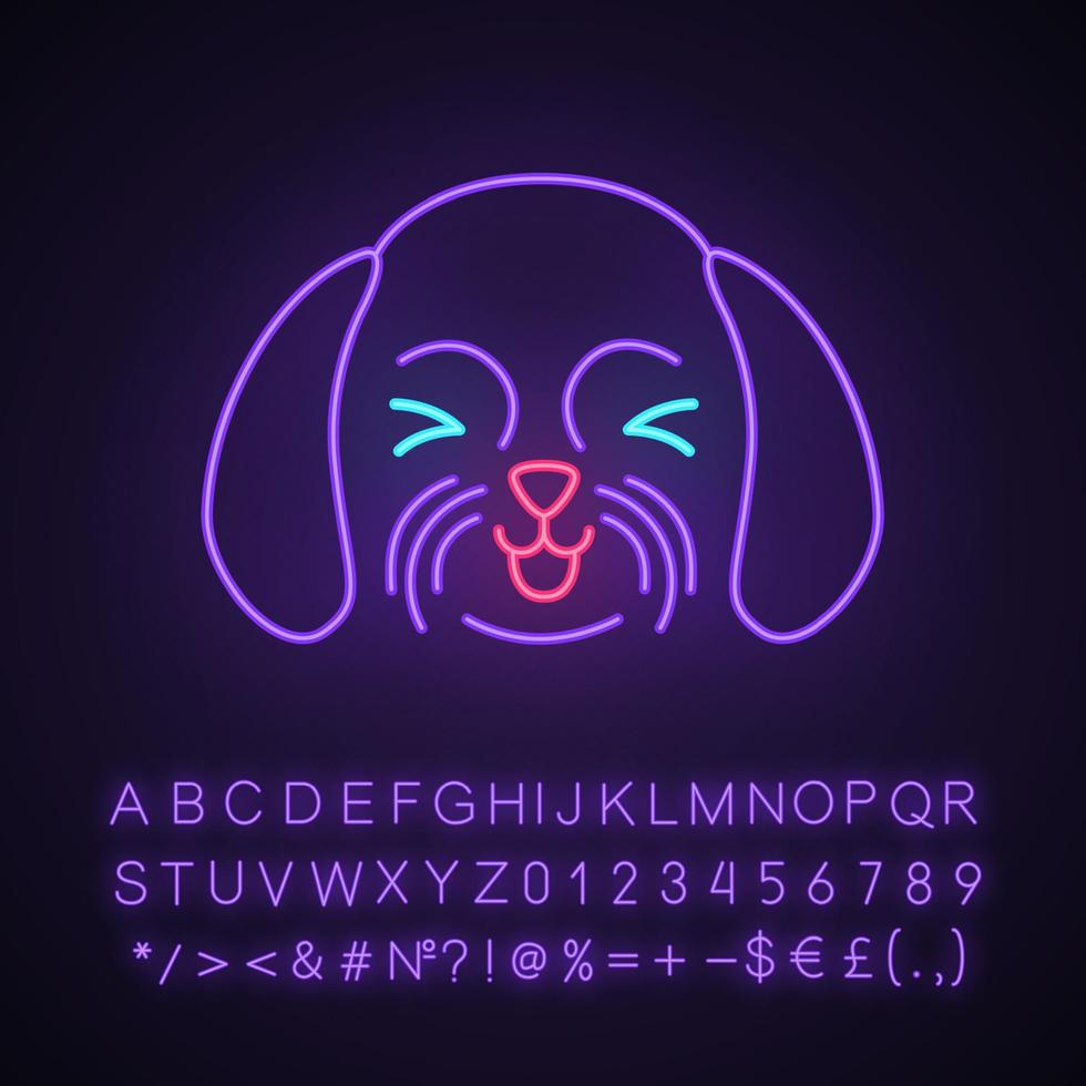 Shih Tzu cute kawaii neon light character. Dog with smiling muzzle. Animal with squinting eyes. Funny emoji, emoticon. Glowing icon with alphabet, numbers, symbols. Vector isolated illustration