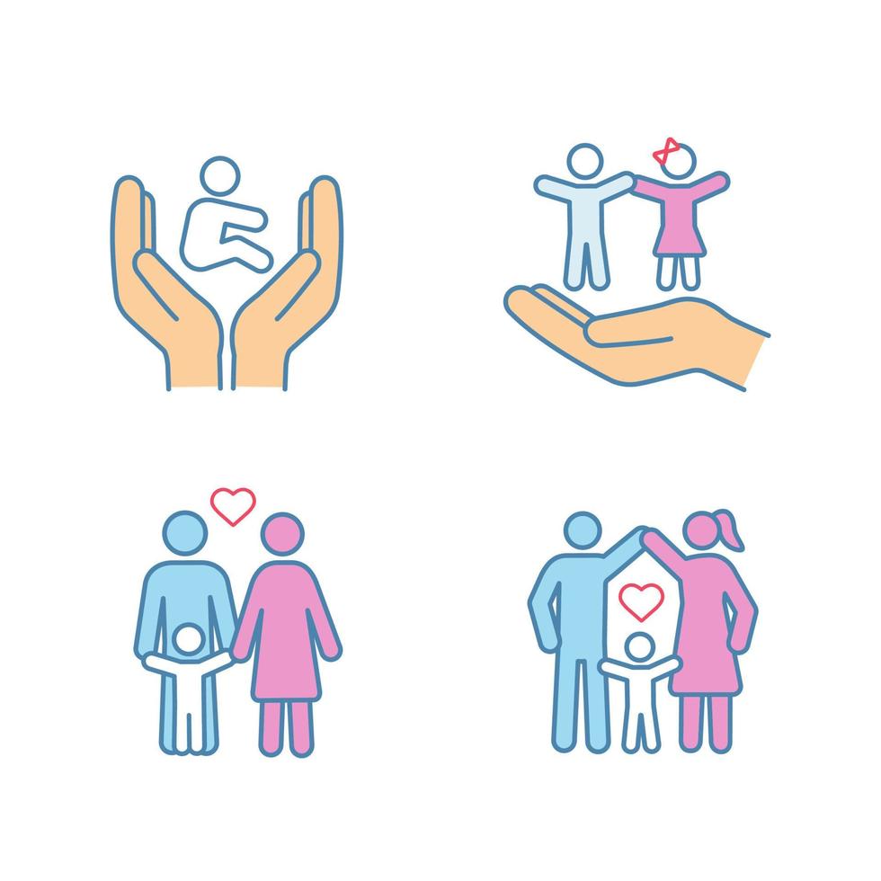 Child custody color icons set. Childcare. Children's rights and protection, happy families. Positive parenting. Isolated vector illustrations