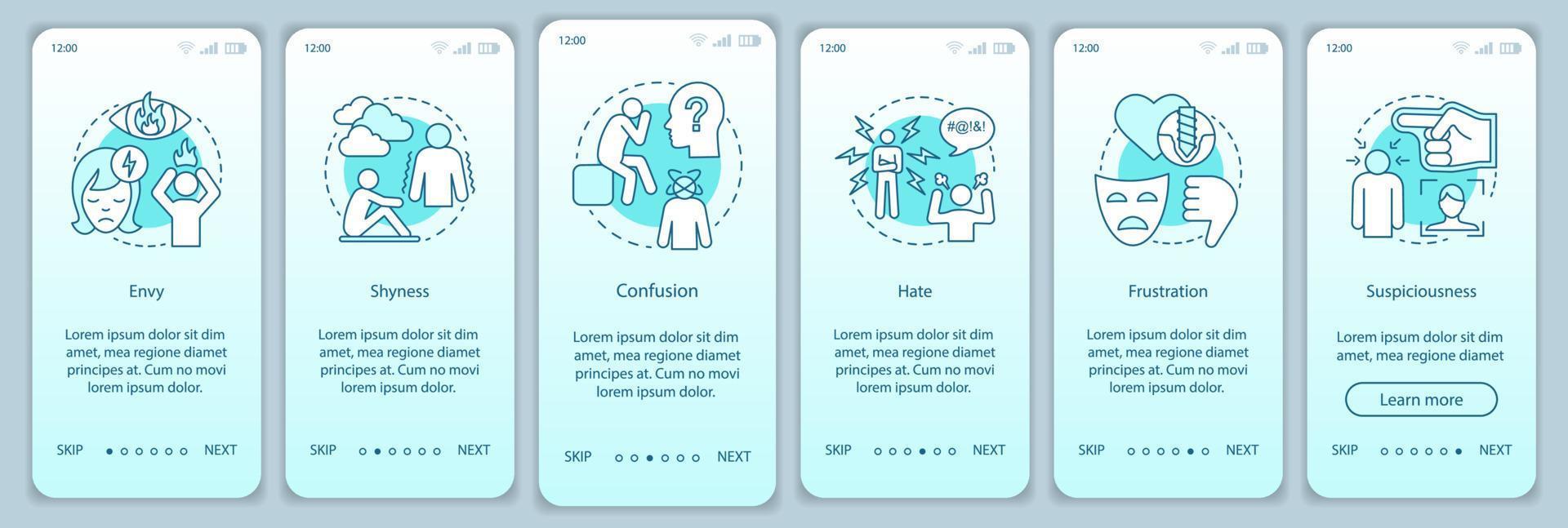 Hard feelings onboarding mobile app page screen vector template. Envy, shyness, confusion, hate, frustration. Walkthrough website steps with linear illustrations. UX, UI smartphone interface concept
