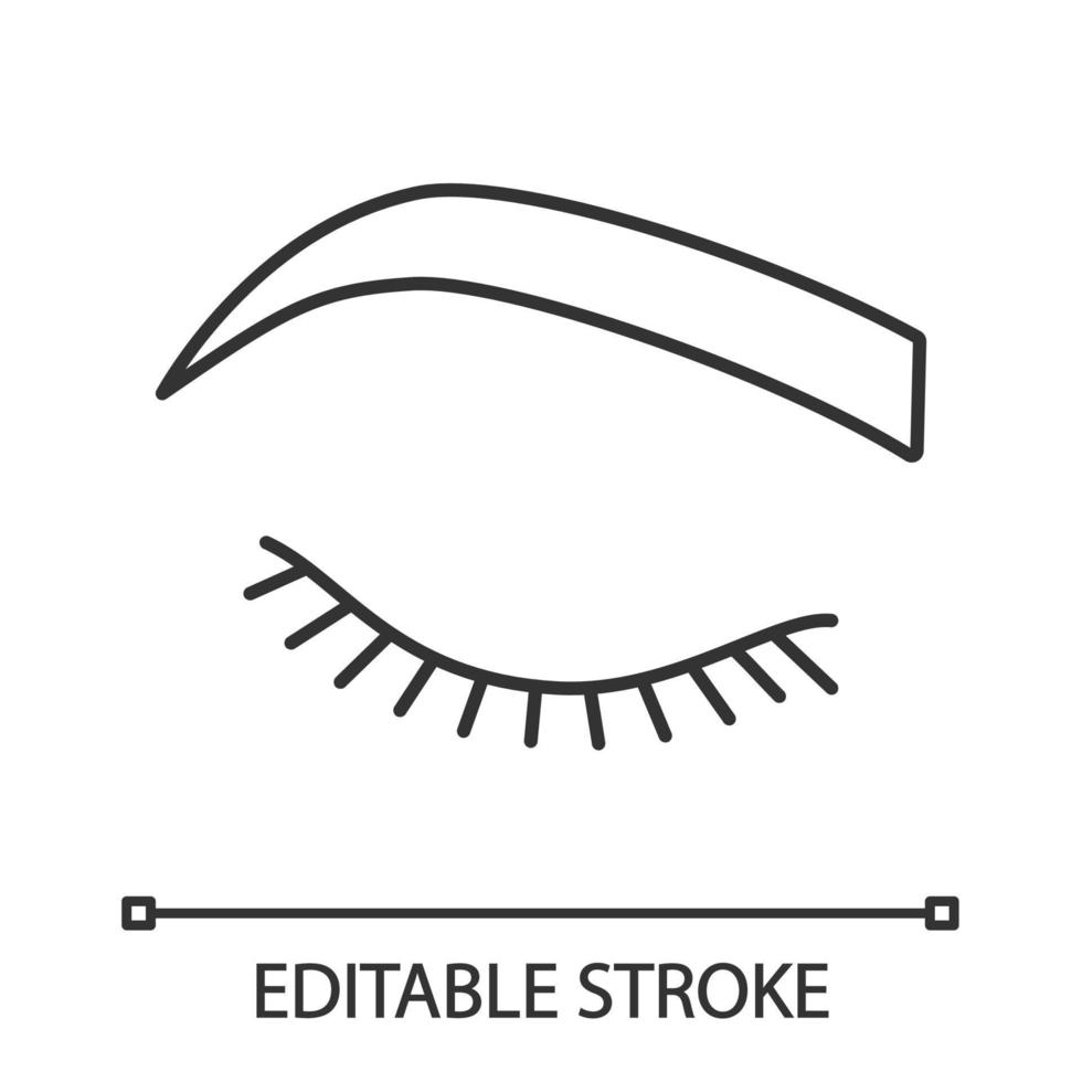 Closed woman eye linear icon. Thin line illustration. Before eyelash extension. Soft angled eyebrows. Brows shaping. Microblading. Contour symbol. Vector isolated outline drawing. Editable stroke