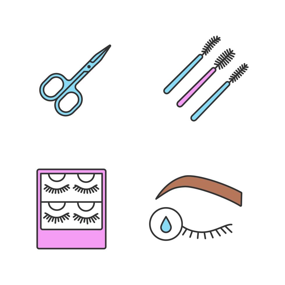 Eyelash extension color icons set. Scissors, disposable mascara wands, false lashes packaging, primer for eyelash extension. Isolated vector illustrations