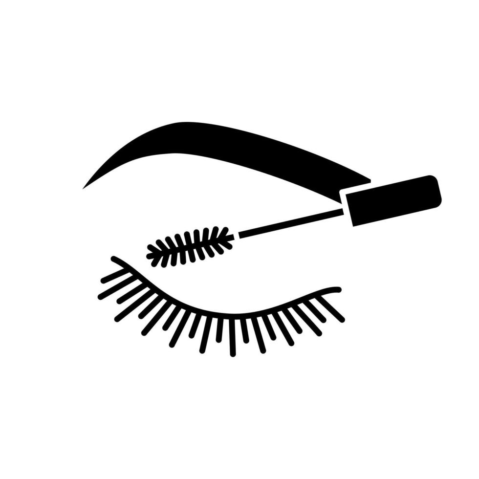 Eyelash mascara glyph icon. Silhouette symbol. Lashes and eyebrows tinting. Lashes and brows makeup product. Negative space. Vector isolated illustration