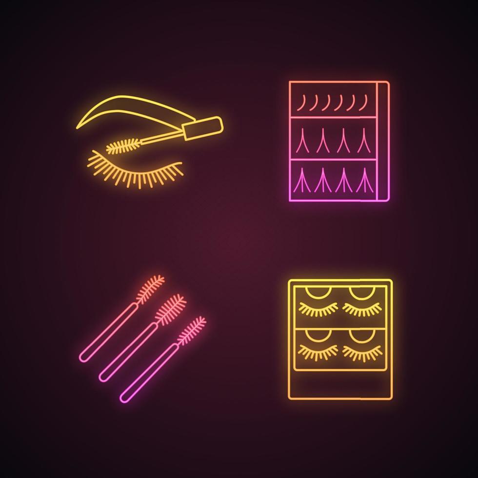 Eyelash extension neon light icons set. False lashes. Eyelash extention packaging, disposable mascara wands. Glowing signs. Vector isolated illustrations