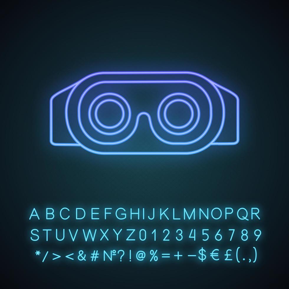 VR headset inside view neon light icon. Virtual reality mask set. 3D VR glasses, goggles. Glowing sign with alphabet, numbers and symbols. Vector isolated illustration