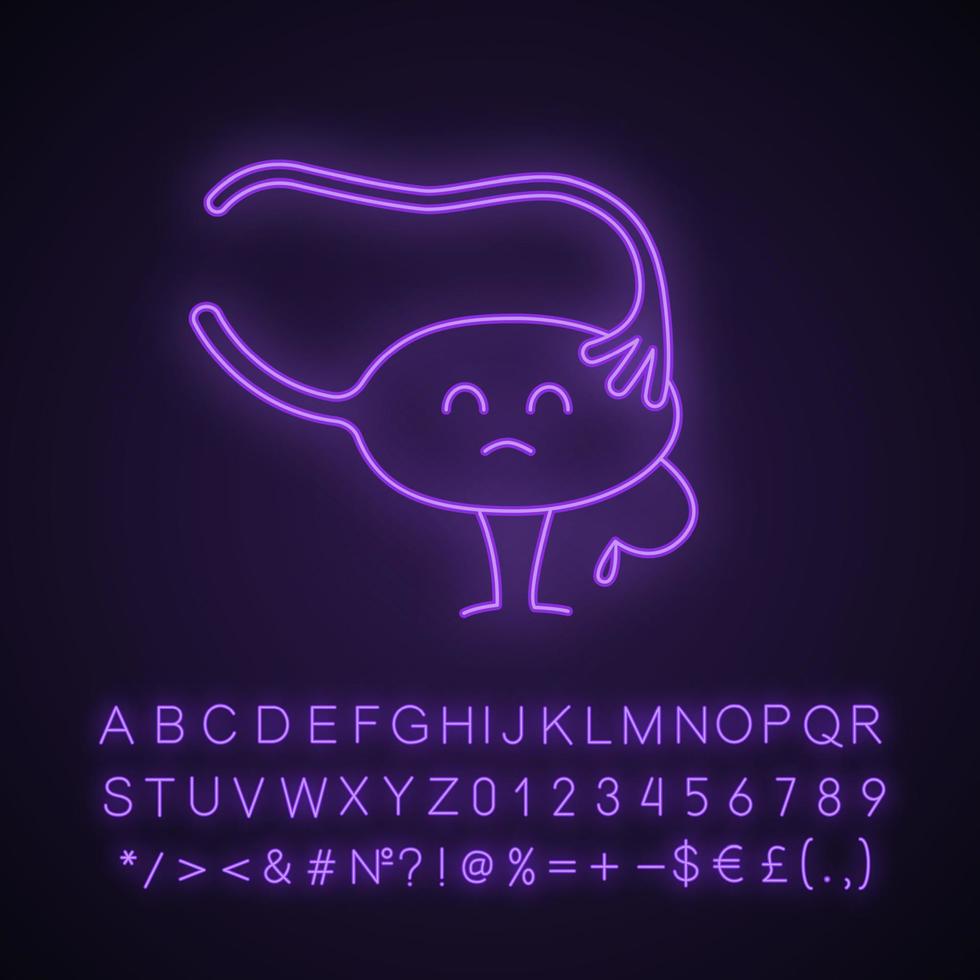 Sad ovary and fallopian tube character neon light icon. Female reproductive system disorders and diseases. Womens health. Glowing sign with alphabet, numbers and symbols. Vector isolated illustration